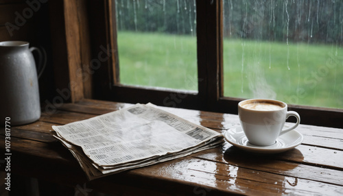 Cozy Coffee Cup on Rustic Table by Rain-Streaked Window with Serene Rainy Day Atmosphere