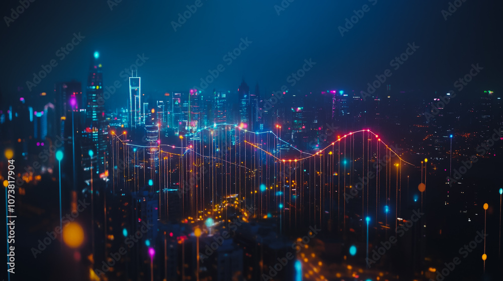Fototapeta premium mart digital Innovation city Business skyscrapers in the Financial District with connection network reciprocity over the cityscape. of future smart wireless digital city and social media networking