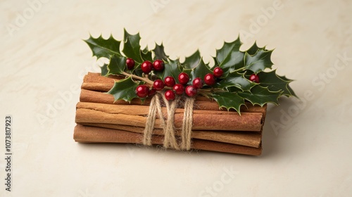 Handmade cinnamon stick bundles tied with twine and holly berries, isolated on a neutral background photo