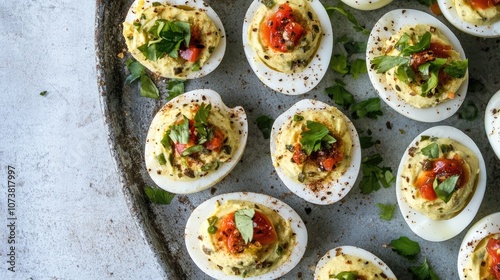 Deviled eggs with a muffuletta twist perfect for festive celebrations photo