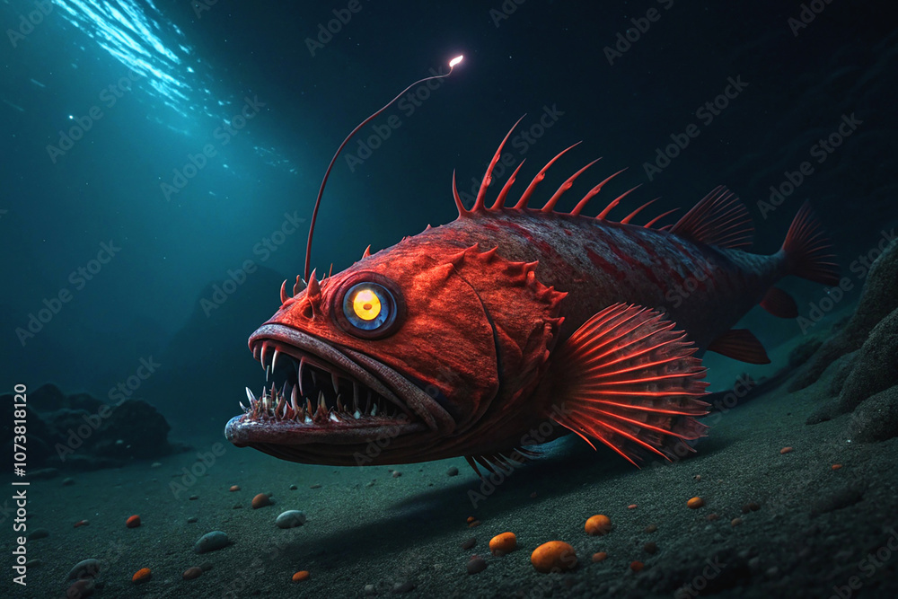 deep sea ancient creepy red fish on the bottom of the dark ocean with big eyes and fangs deep sea ancient creepy red fish on the bottom of the dark ocean with big eyes and fangs