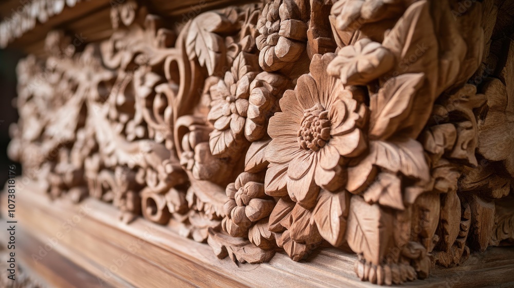 Detailed wooden carving adorned with floral motifs highlighting exceptional craftsmanship and a captivating texture Detailed wooden carving adorned with floral motifs highlighting exceptional craftsmanship and a captivating texture