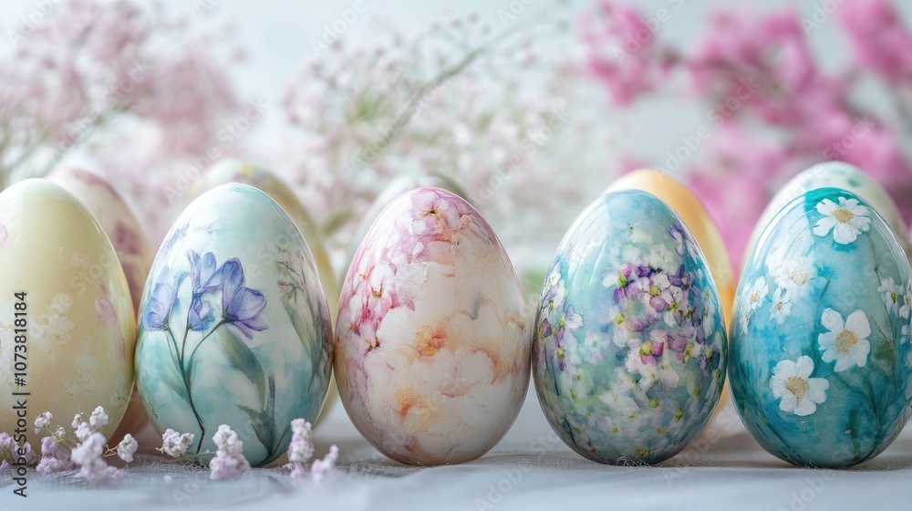 Fototapeta premium Colorful Easter eggs adorned with delicate floral designs