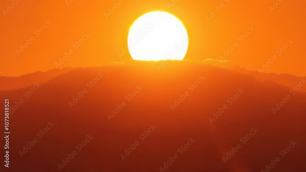 Orange sky with a bright sun symbolizing climate change and global warming, the sun casting a warm glow over the horizon, planet