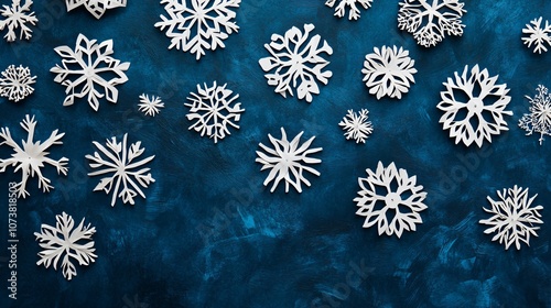 Handmade paper snowflakes with intricate cut-out designs, scattered on a dark blue background