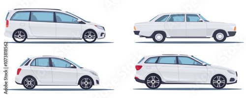 Four unique car designs displayed in a flat graphic style on a white background. Vector illustration