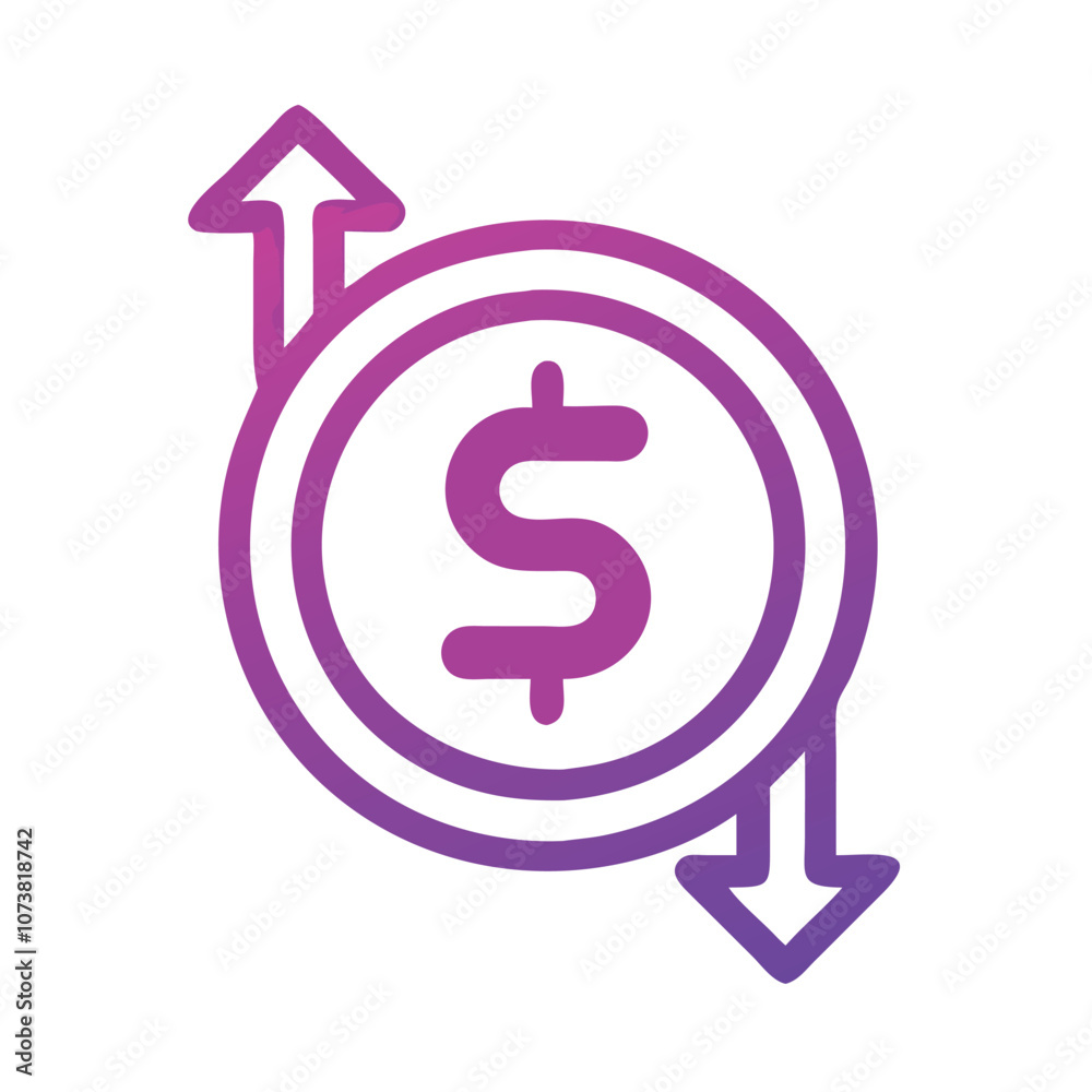 Dollar icon with up and down arrows, Gradient vector icon of a dollar symbol with upward and downward arrows, representing financial fluctuations, market trends, and currency exchange.
Dollar icon with up and down arrows, Gradient vector icon of a dollar symbol with upward and downward arrows, representing financial fluctuations, market trends, and currency exchange.
