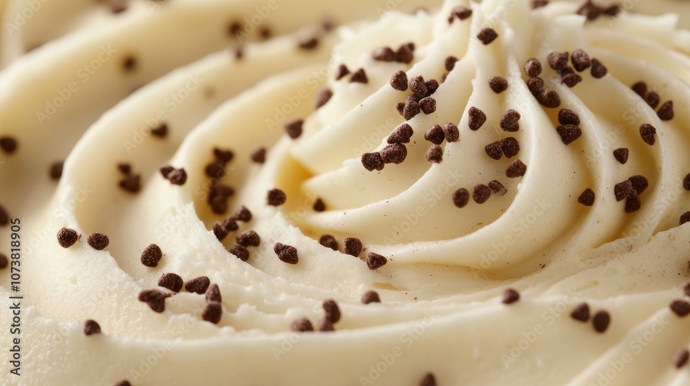 Fototapeta premium Creamy white frosting features smooth swirls beautifully complemented by tiny sprinkles resembling dark chocolate or cocoa particles