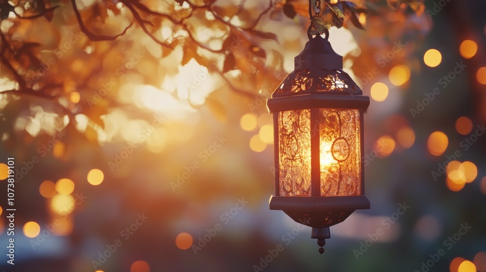 Decorative lantern illuminated by bokeh lights during the sunset Decorative lantern illuminated by bokeh lights during the sunset