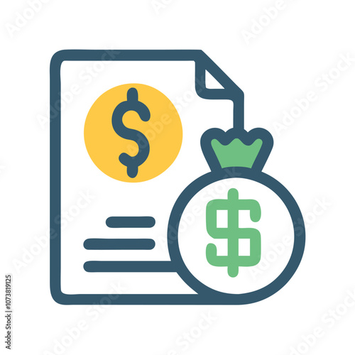 Financial document icon with money bag, Vector icon of a financial report and money bag, symbolizing income, profit analysis, and business accounting.
