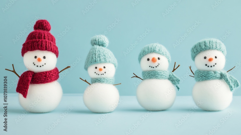 Mini snowmen made from cotton balls, with tiny felt scarves and hats, on a soft blue background Mini snowmen made from cotton balls, with tiny felt scarves and hats, on a soft blue background