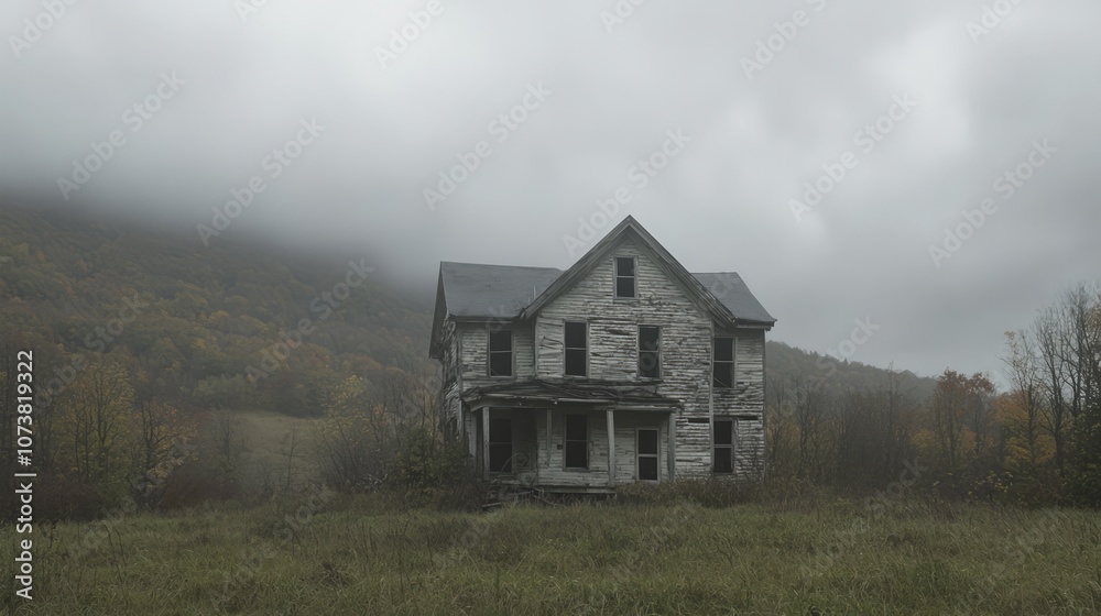 Eerie Abandoned Farmhouse on Rolling Hills under Ominous Clouds - Ultra-Detailed Depiction of Rural Decay Eerie Abandoned Farmhouse on Rolling Hills under Ominous Clouds - Ultra-Detailed Depiction of Rural Decay