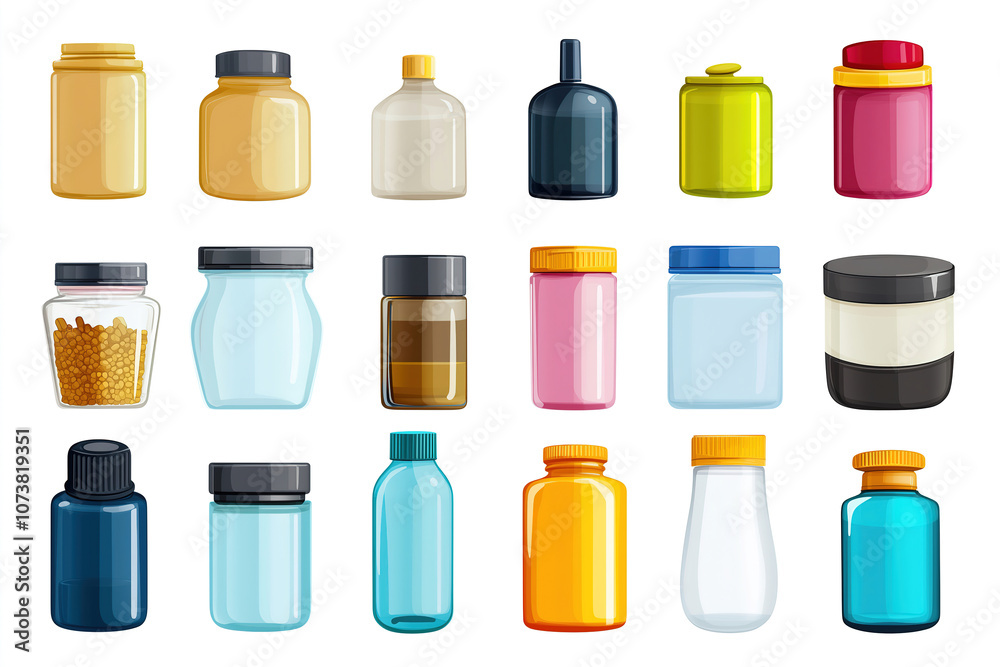 A collection of colorful jars and containers on a white background showcasing various shapes and sizes for storage purposes. Generative AI A collection of colorful jars and containers on a white background showcasing various shapes and sizes for storage purposes. Generative AI
