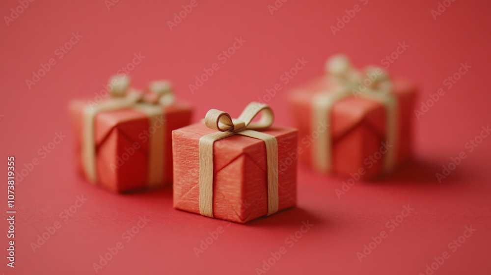 Miniature Christmas presents made from cardboard and painted, on a soft red background Miniature Christmas presents made from cardboard and painted, on a soft red background