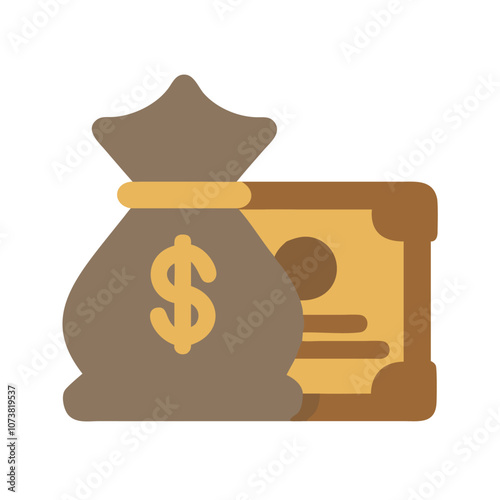 Money bag and dollar bill icon, Flat vector icon of a brown money bag and dollar bill, representing financial savings, wealth accumulation, and monetary success.
