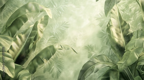 3D rendering of a soft color tropical leaf wallpaper design featuring banana trees in a mural art style for interior design