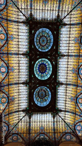 Famous Tiffany stained glass window of Gran Hotel in CDMX. Vertical shot