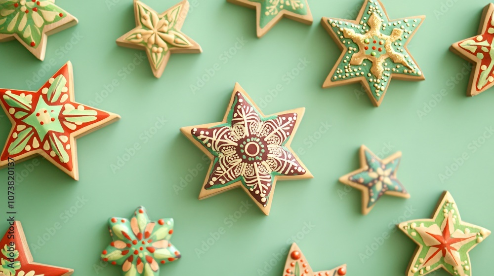 Wooden Christmas stars painted with intricate designs, scattered on a soft green background