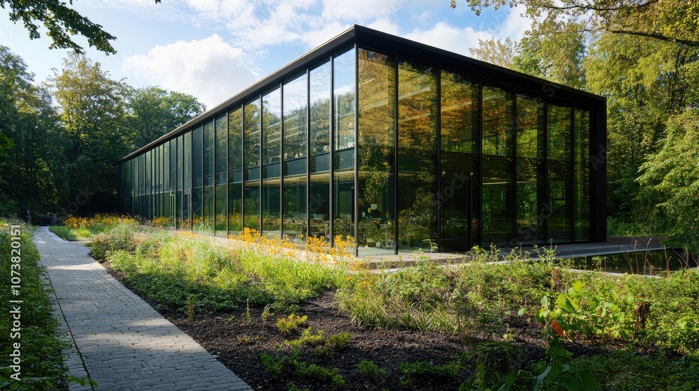 Discover a sustainable glass office surrounded by a flourishing natural landscape Discover a sustainable glass office surrounded by a flourishing natural landscape