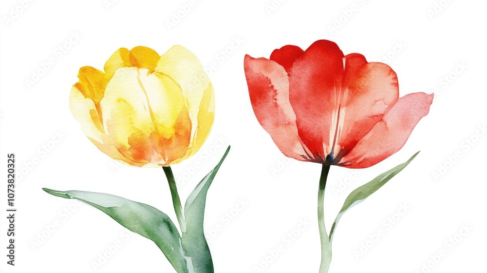Hand painted illustration of two tulips in watercolor on a white background perfect for greeting cards Hand painted illustration of two tulips in watercolor on a white background perfect for greeting cards