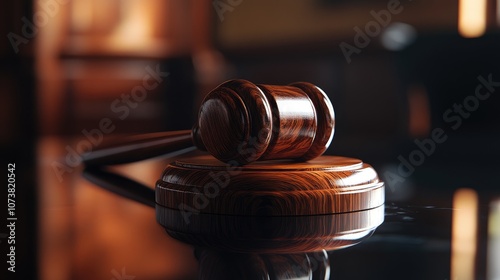 Close up of a wooden judge s gavel on a reflective surface viewed from the side representing judicial authority photo