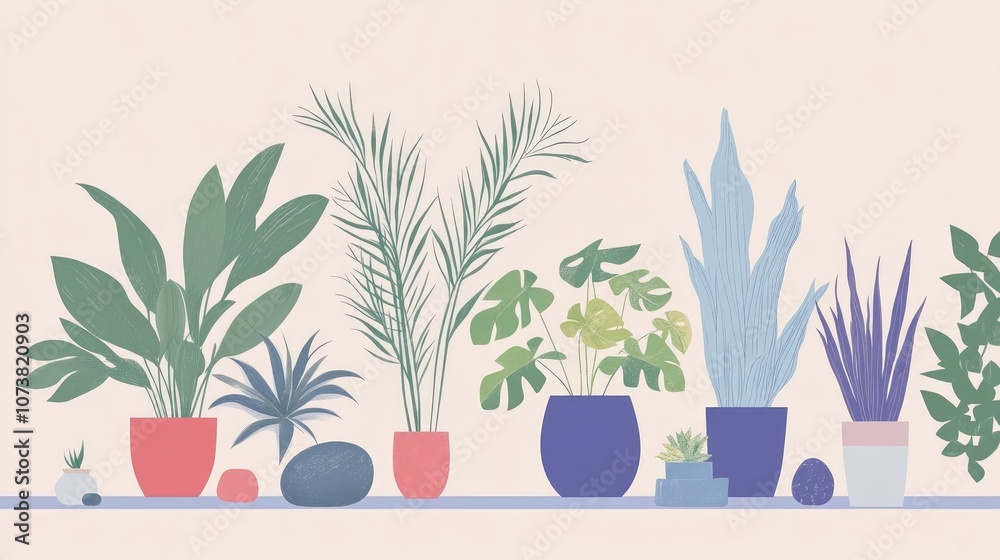 Group Of Diverse Plants In Various Pots Adorned With Natural Stones Simple Home Decor Featuring Plants In A Garden Tranquil Gardening Moments At Home Group Of Diverse Plants In Various Pots Adorned With Natural Stones Simple Home Decor Featuring Plants In A Garden Tranquil Gardening Moments At Home