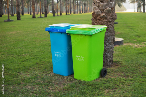 Colorful trash bins for waste segregation outdoors in the city. Recyclable waste, general waste. Separate waste collection. Sorting garbage by material and type.