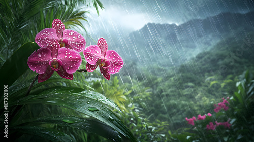 Creative Composition of Poetically Sad Orchids Under Gentle Rain Surrounded by Lush Greenery photo