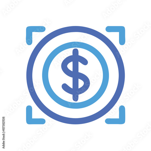 Dollar symbol icon with focus frame, Minimalist vector icon of a dollar sign enclosed by a focus frame, symbolizing financial target, business goal, or investment focus.
