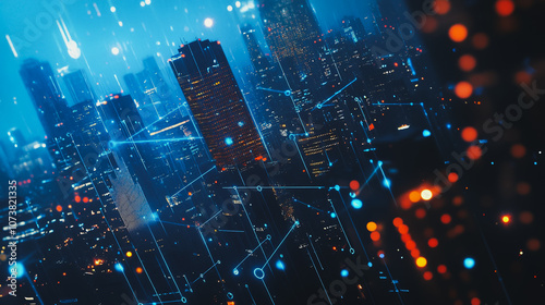 mart digital Innovation city Business skyscrapers in the Financial District with connection network reciprocity over the cityscape. of future smart wireless digital city and social media networking