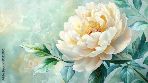 Painting of cream peony flower with mint colored leaves designed for wallpaper background and mural art in interior decor