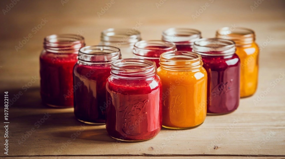 Retro Jam Jars with Vibrant Red and Orange Preserves - Ideal for Kitchen Decor and Food Displays Retro Jam Jars with Vibrant Red and Orange Preserves - Ideal for Kitchen Decor and Food Displays