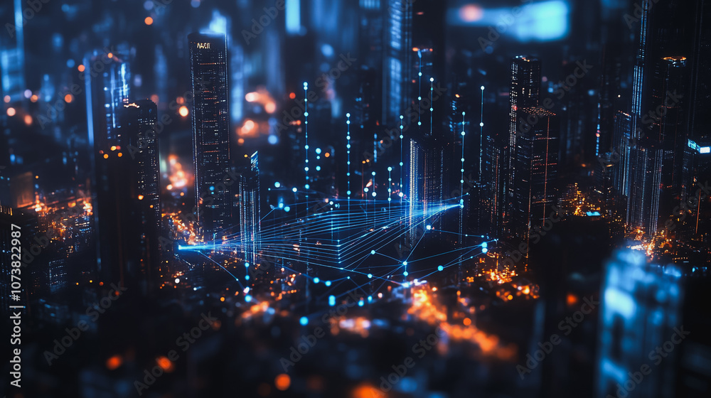 Obraz premium mart digital Innovation city Business skyscrapers in the Financial District with connection network reciprocity over the cityscape. of future smart wireless digital city and social media networking
