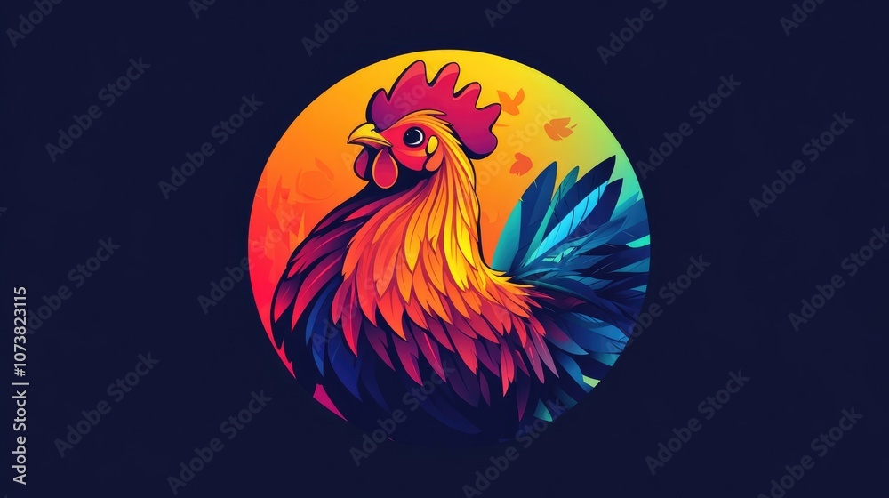 Fototapeta premium Adorable cartoon rooster in a circular design Flat 2D illustration featuring vibrant gradients