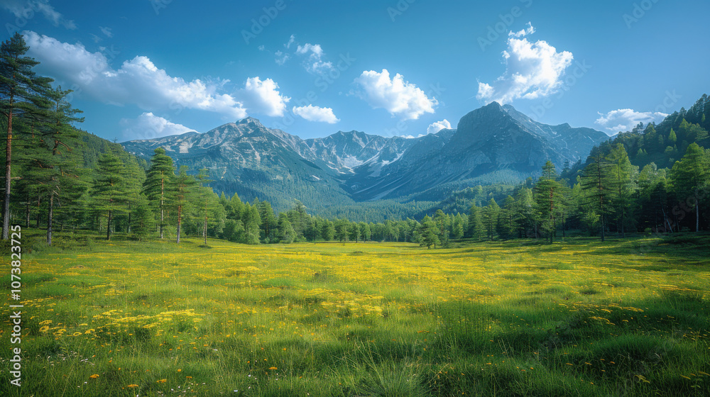 Fototapeta premium Beyond the green plain were mountains, clean blue with white cumulus clouds, and near by a few tall green spruce pines, high contrast, simple and clean picture, rich details, real photography.