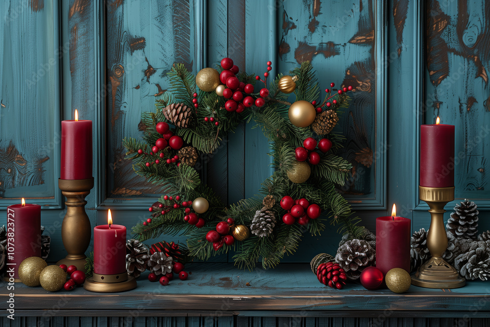 Beautiful holiday wreath with candles and decorations on a rustic wooden table Beautiful holiday wreath with candles and decorations on a rustic wooden table