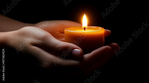 Hands Holding Candle in Dark Background with Copy Space – Memorial Concept