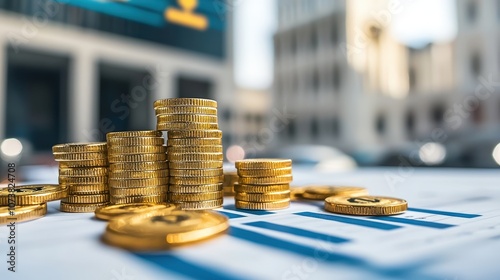 Close-Up of Stacked Gold Coins on Financial Documents with Blurred Urban Background, Symbolizing Wealth Growth and Banking Industry Trends in Contemporary Finance