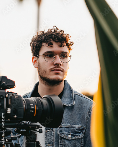 a focused director reviewing footage wearing casual denim jacket photo