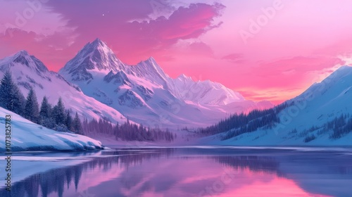 Fototapeta Naklejka Na Ścianę i Meble -  Majestic mountains reflect in tranquil lake under a sunset sky