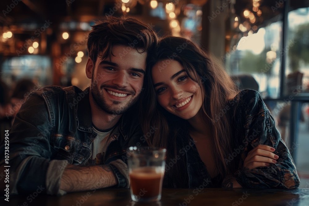man and woman smiling at camera while sitting in cafe man and woman smiling at camera while sitting in cafe