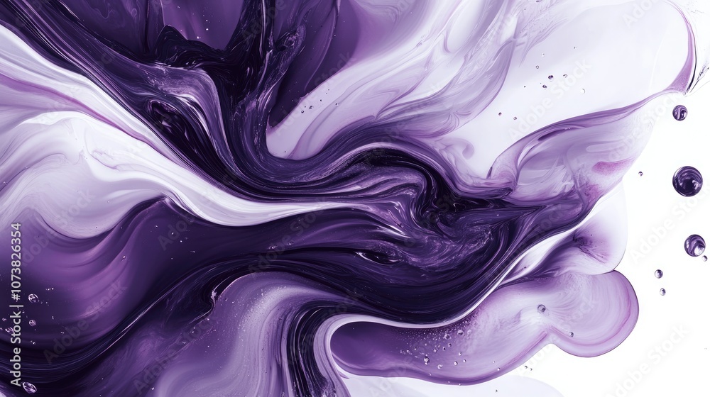 An abstract design featuring swirling patterns of purple and white liquid paint An abstract design featuring swirling patterns of purple and white liquid paint
