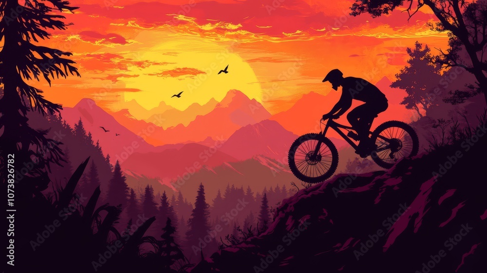 Silhouette of a mountain biker riding downhill on a trail with a sunset in the background. Silhouette of a mountain biker riding downhill on a trail with a sunset in the background.