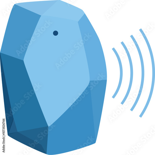 Geometric blue smart tracker emitting signal waves, indicating active searching mode for lost items