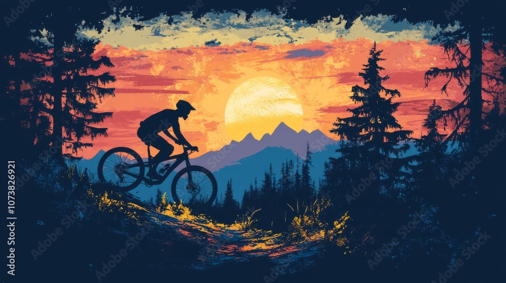 Obraz premium Silhouette of a mountain biker riding on a mountain trail at sunset.
