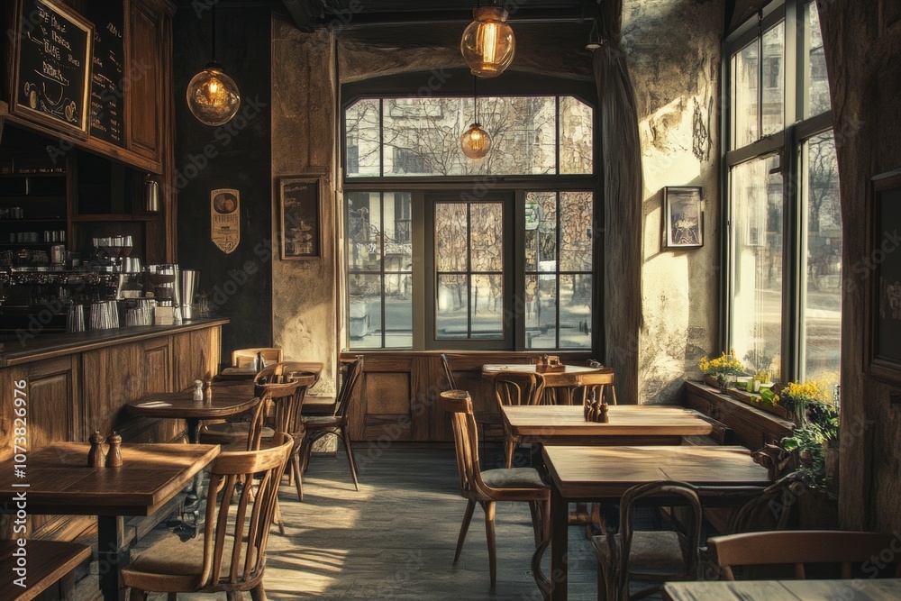 warm and inviting urban cafe with rustic decor, wooden tables and chairs, and large windows letting in natural light warm and inviting urban cafe with rustic decor, wooden tables and chairs, and large windows letting in natural light