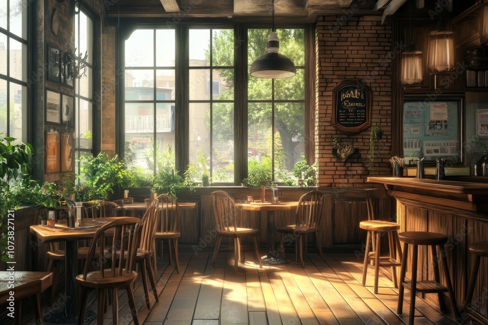 warm and inviting urban cafe with rustic decor, wooden tables and chairs, and large windows letting in natural light warm and inviting urban cafe with rustic decor, wooden tables and chairs, and large windows letting in natural light