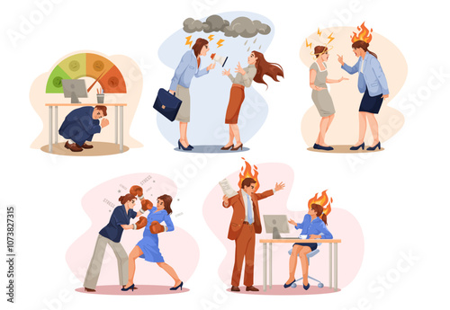 Illustrations of people experiencing different stressful work situations. Various backgrounds. Concept of workplace stress. Vector illustration