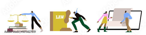 Law and justice scenes. Character signing legal contract, lawyer consulting client, judge knocking with wooden hammer. Legal advice concept. Flat cartoon vector illustration and icons set.