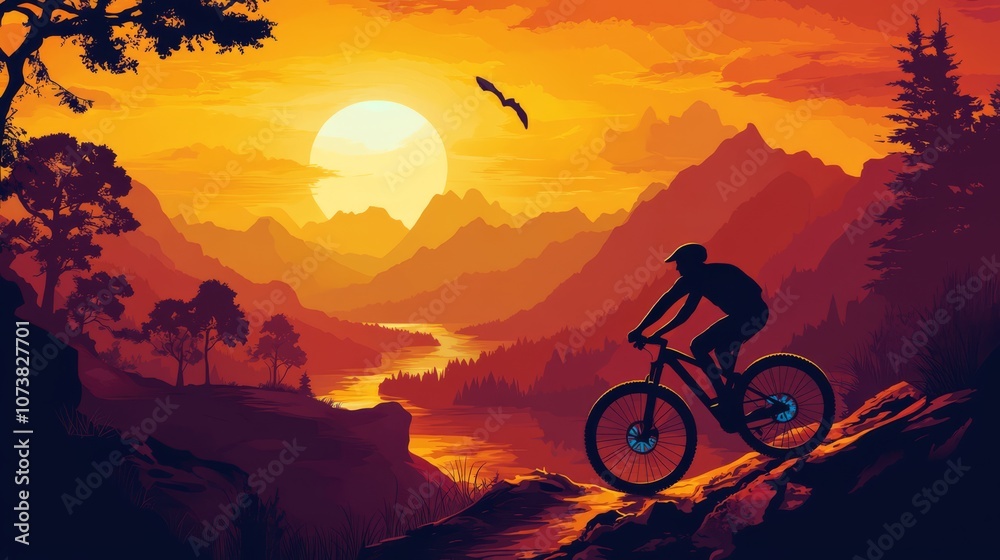 Obraz premium Silhouette of a mountain biker riding on a trail overlooking a valley at sunset.
